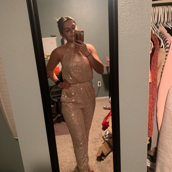 Tipsy & Trendy blush pink sequence jumpsuit with pockets. - Picture 2 of 3